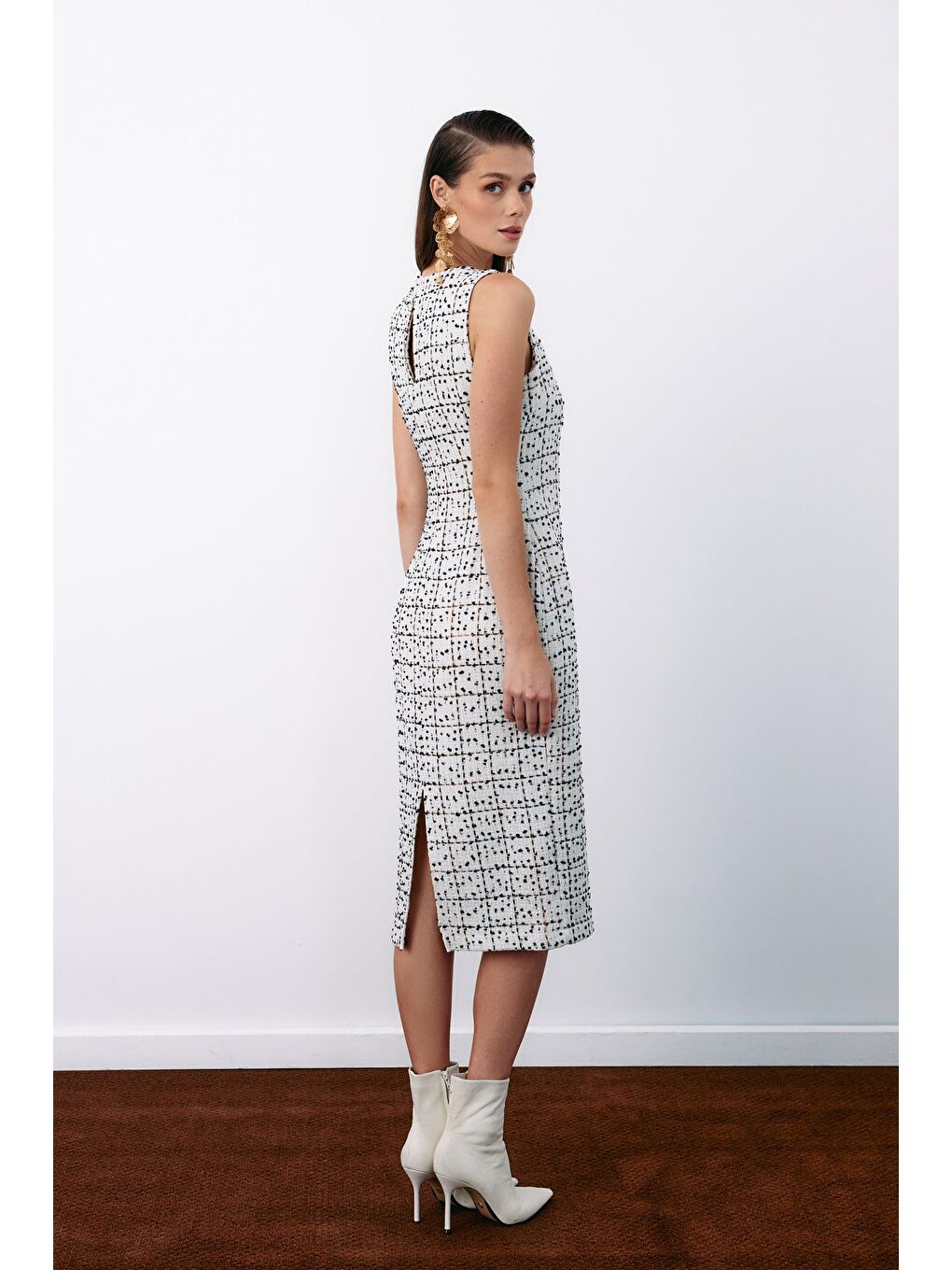 Bej Kolsuz Tüvit Kalem Elbise - Taş-7