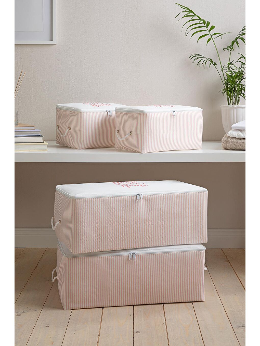 4'lü Pembe Çizgili Home Sweet Home Hurç Set