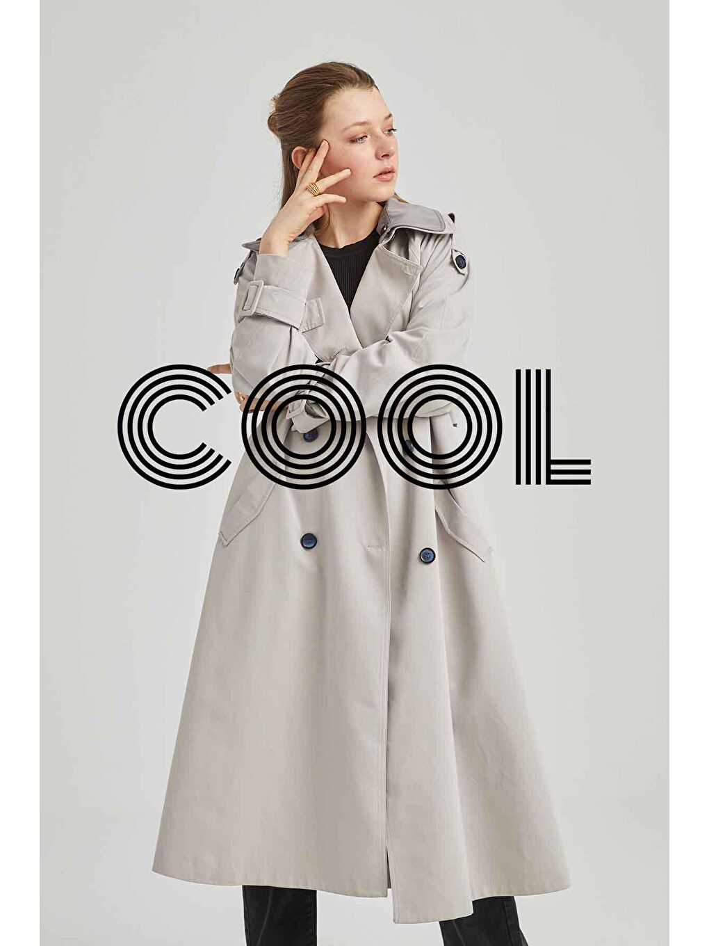 Cool Çift Yakalı Trençkot Taş-Gri