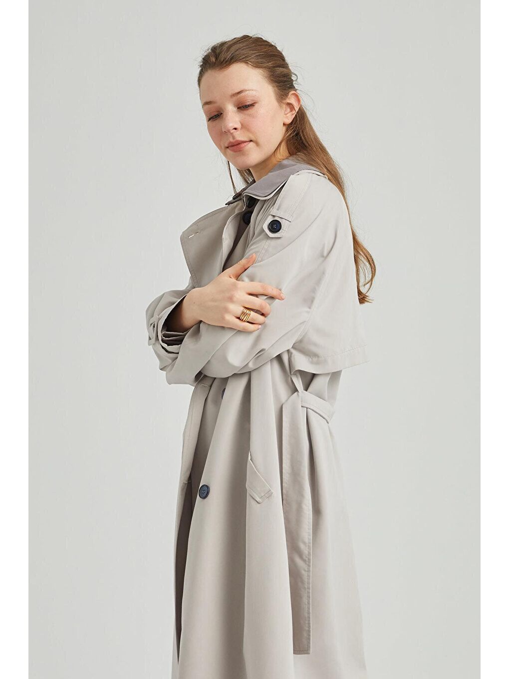 Cool Çift Yakalı Trençkot Taş-Gri-1