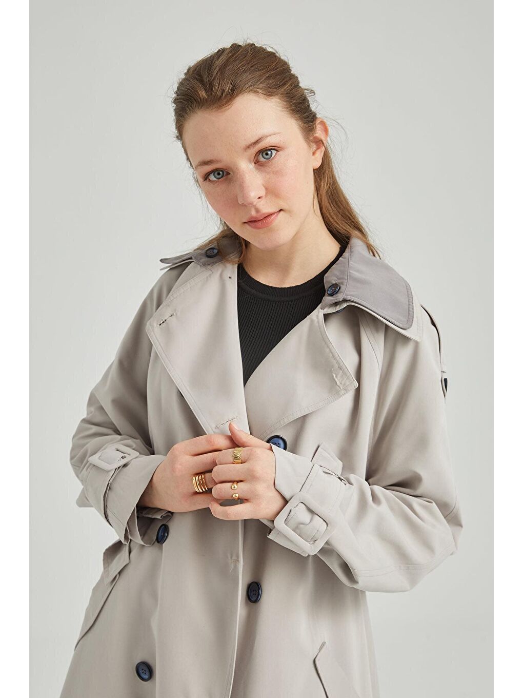 Cool Çift Yakalı Trençkot Taş-Gri-2