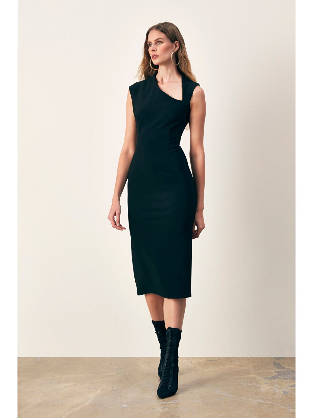 Asimetrik Midi Boy Elbise - Siyah-1