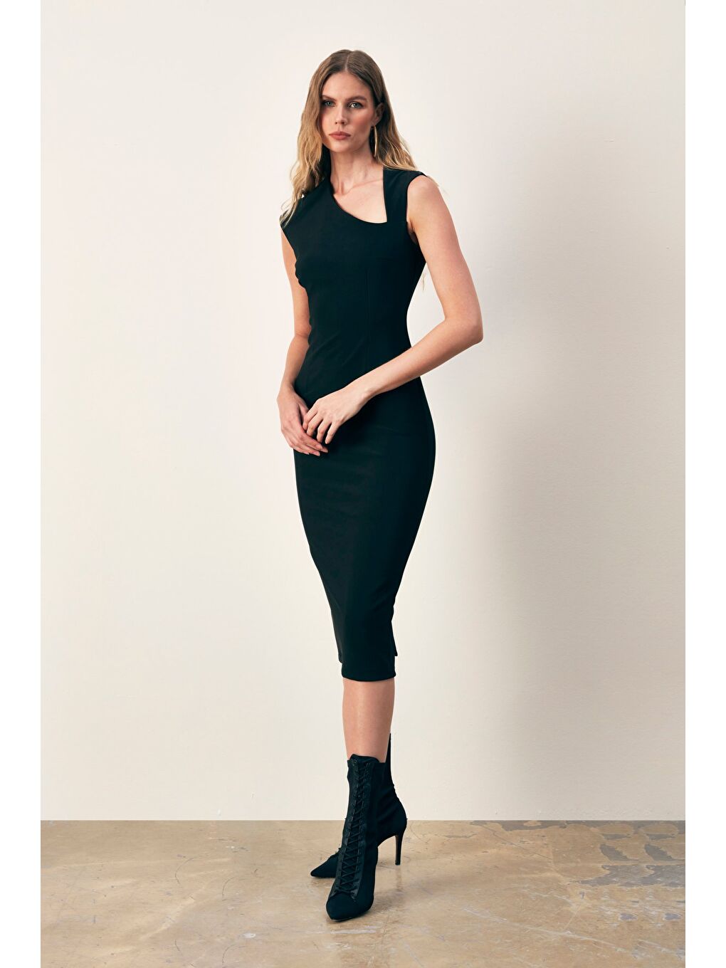 Asimetrik Midi Boy Elbise - Siyah-2