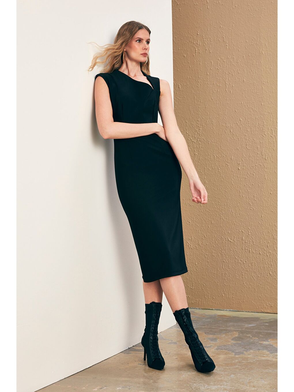 Asimetrik Midi Boy Elbise - Siyah-3