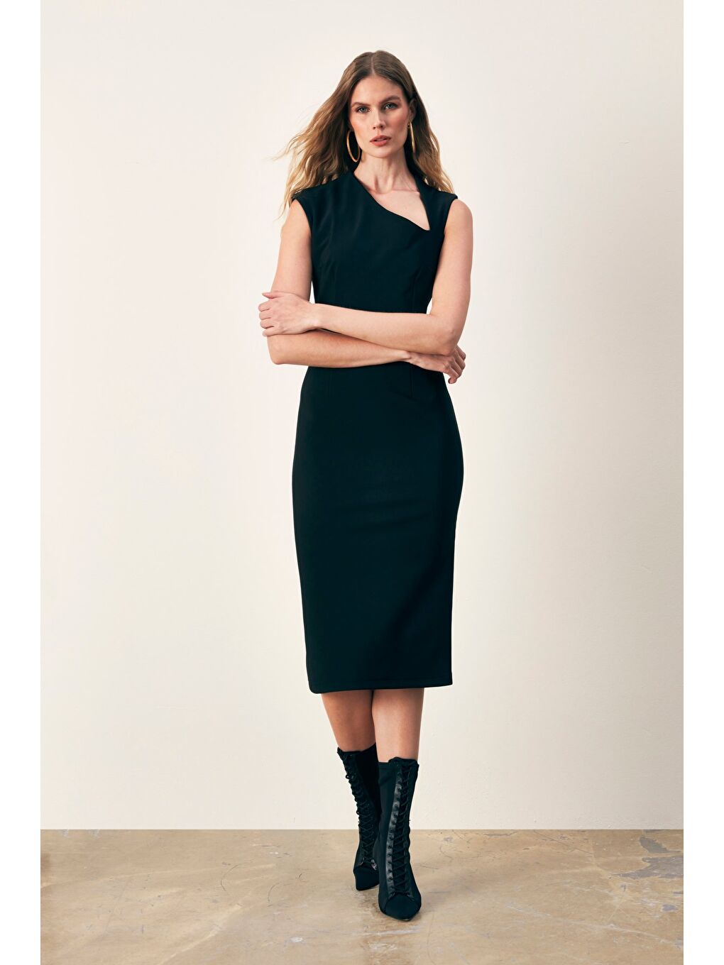 Asimetrik Midi Boy Elbise - Siyah-4