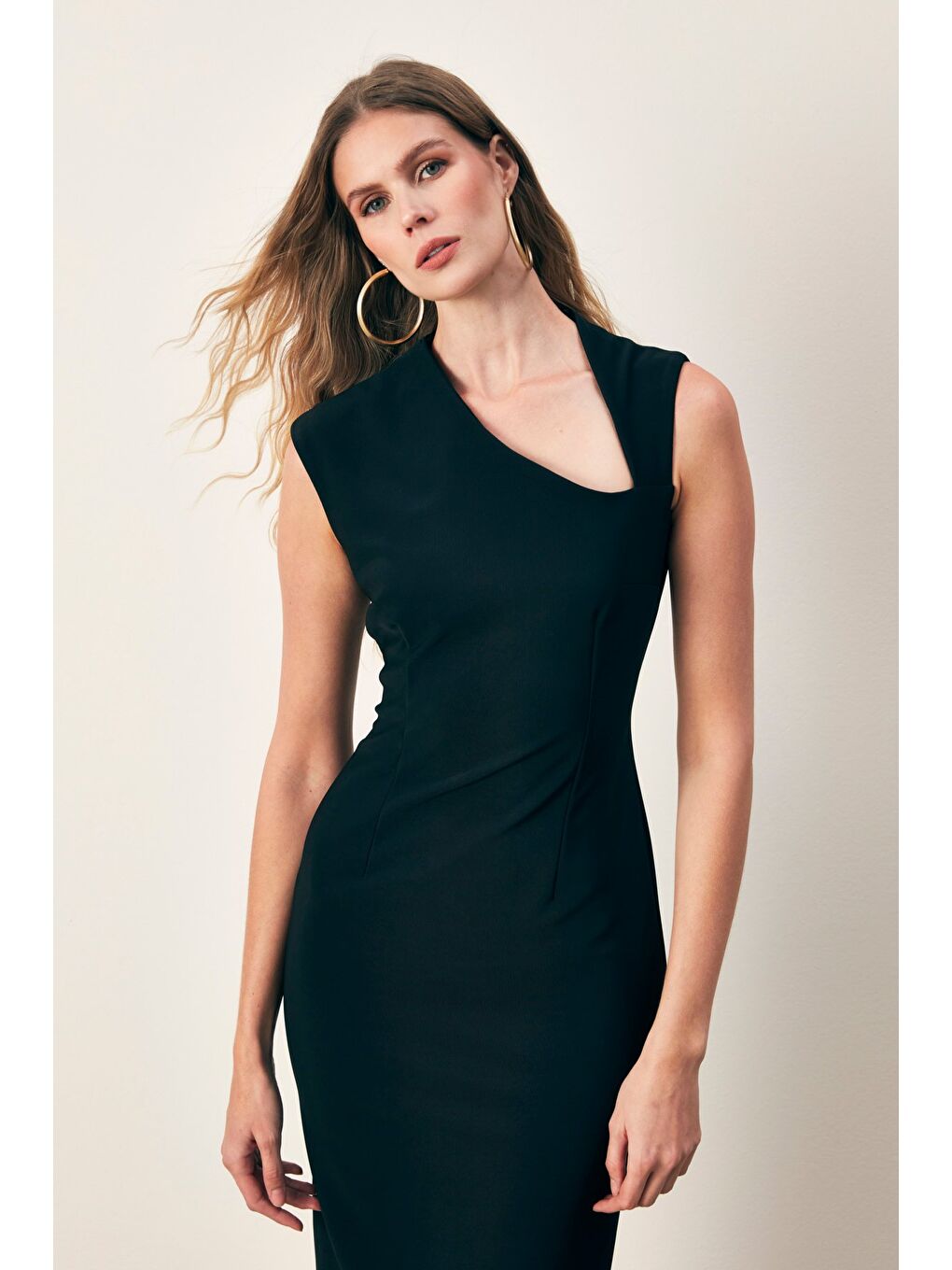 Asimetrik Midi Boy Elbise - Siyah-5