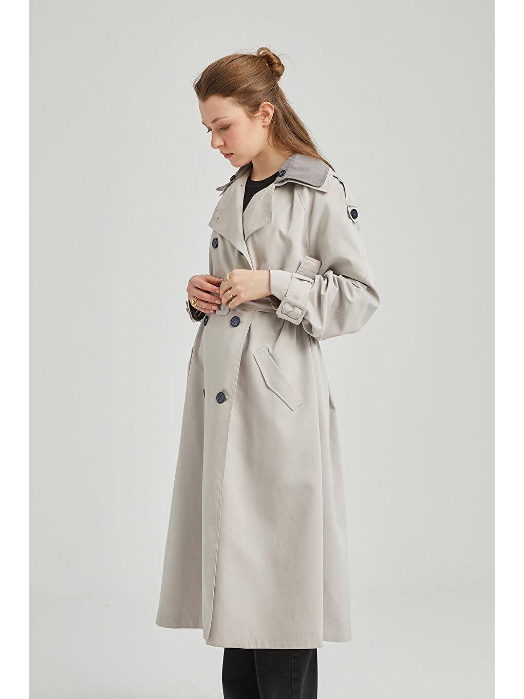 Cool Çift Yakalı Trençkot Taş-Gri-4