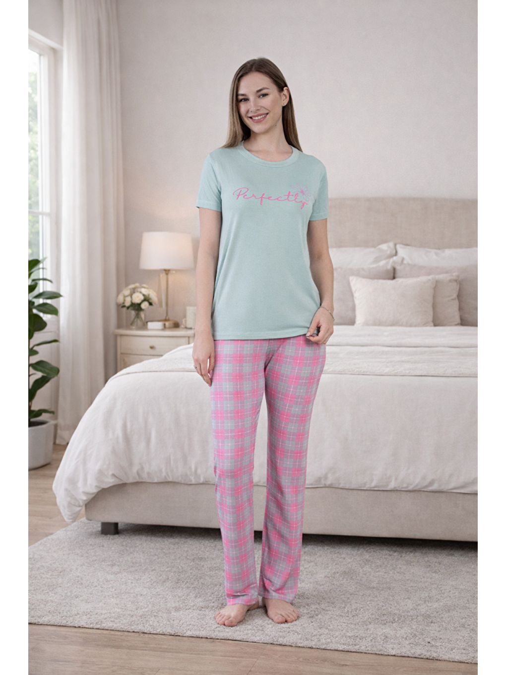 Yeşil PREMIUM Kadın Viskon Yüksek Kalite Ekoseli Kısa Kollu Yazlık Pijama Takımı-3