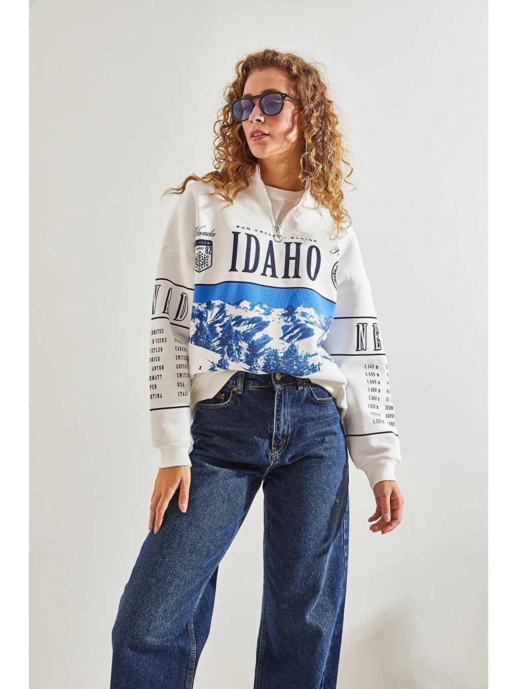 SHADE Mavi Kadın Baskılı Üç İplik Oversize Sweatshirt - 1