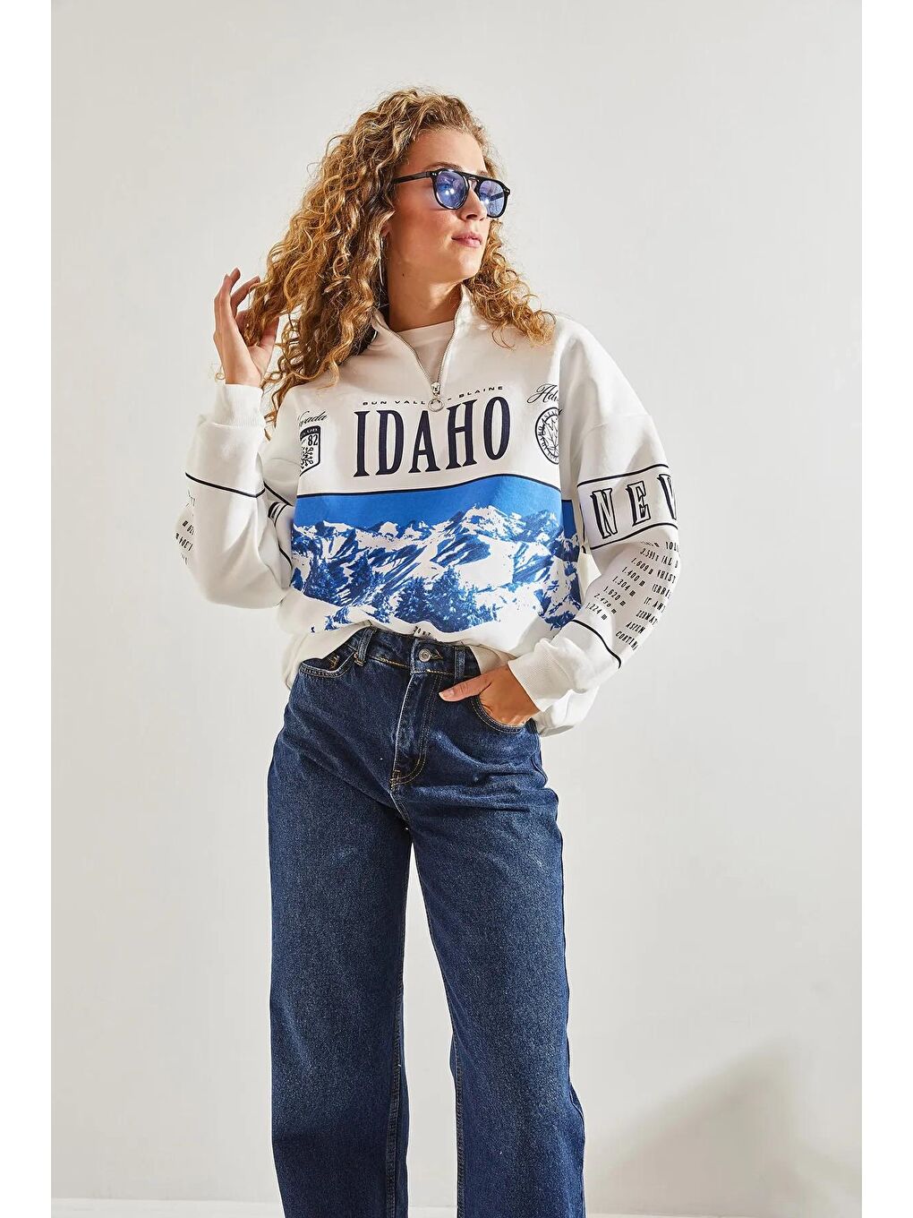 SHADE Mavi Kadın Baskılı Üç İplik Oversize Sweatshirt - 2