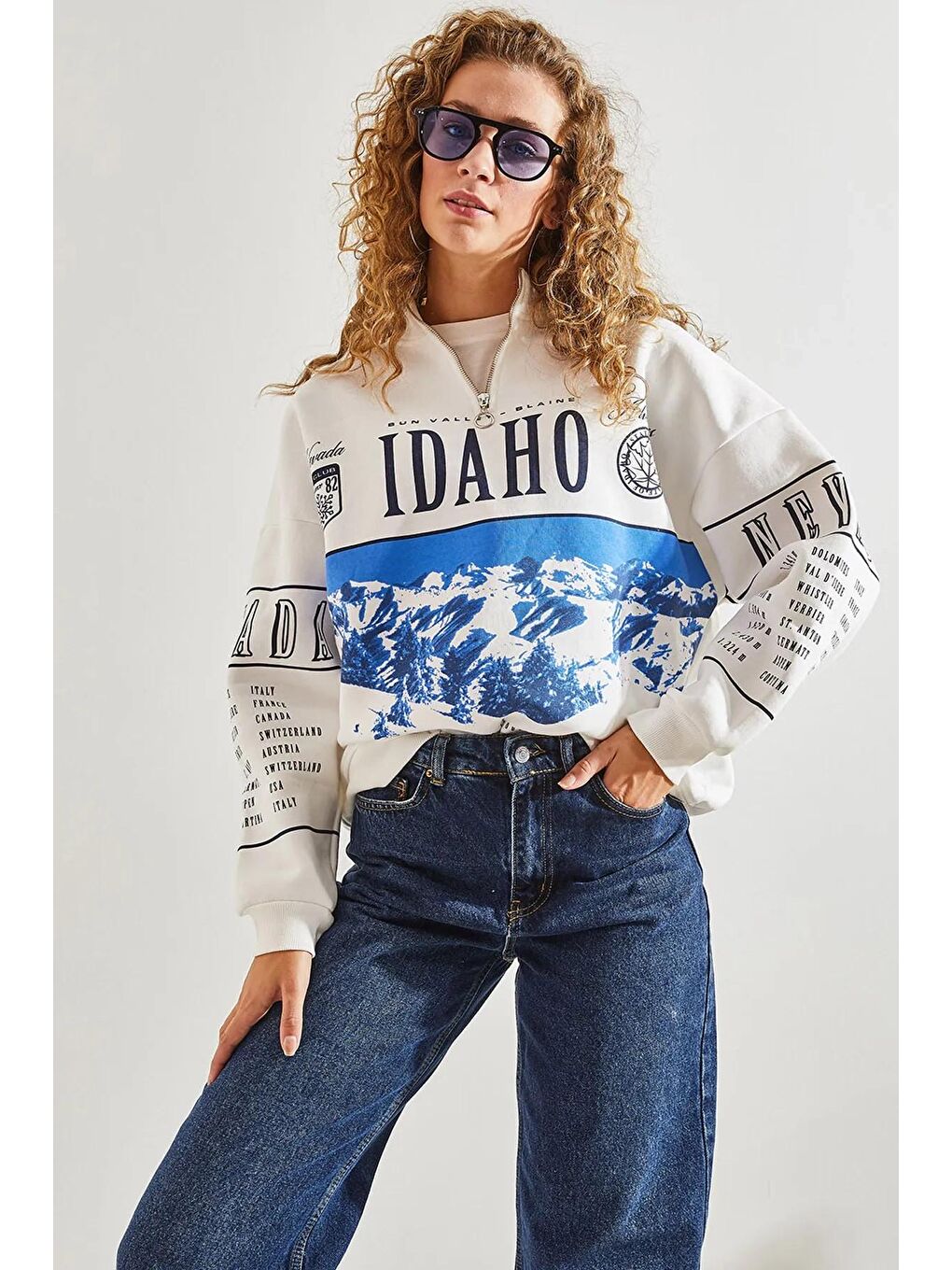 SHADE Mavi Kadın Baskılı Üç İplik Oversize Sweatshirt - 3