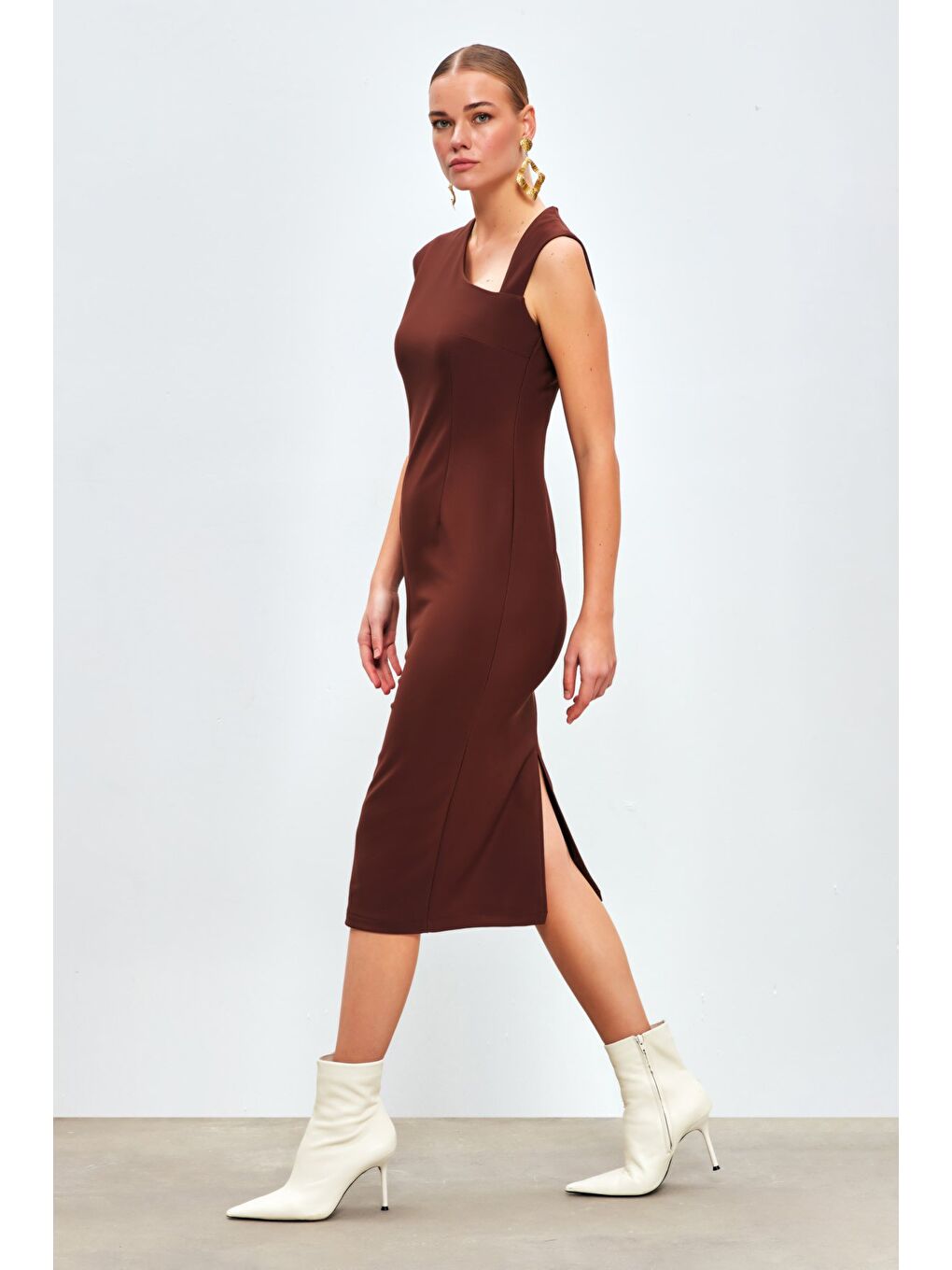 Kahverengi Asimetrik Midi Boy Elbise - Kahve-2