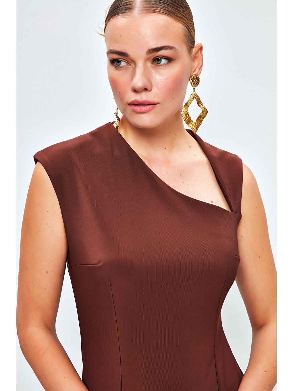 Kahverengi Asimetrik Midi Boy Elbise - Kahve-4