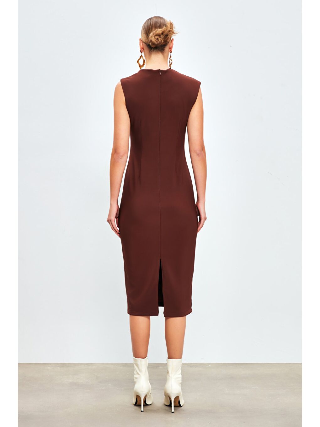 Kahverengi Asimetrik Midi Boy Elbise - Kahve-5