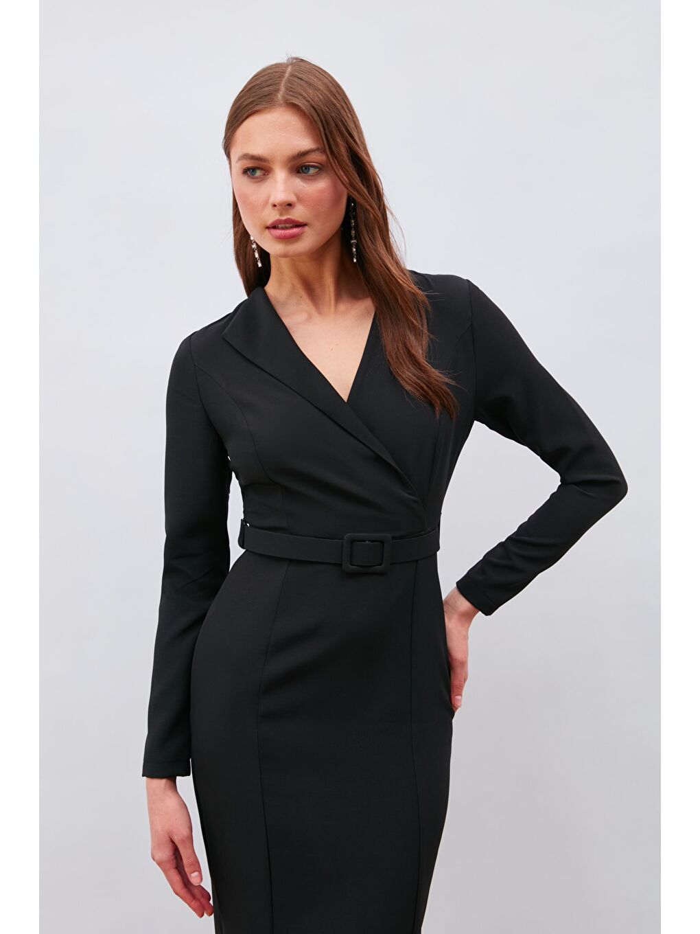 Kemerli Kalem Elbise - Siyah-1