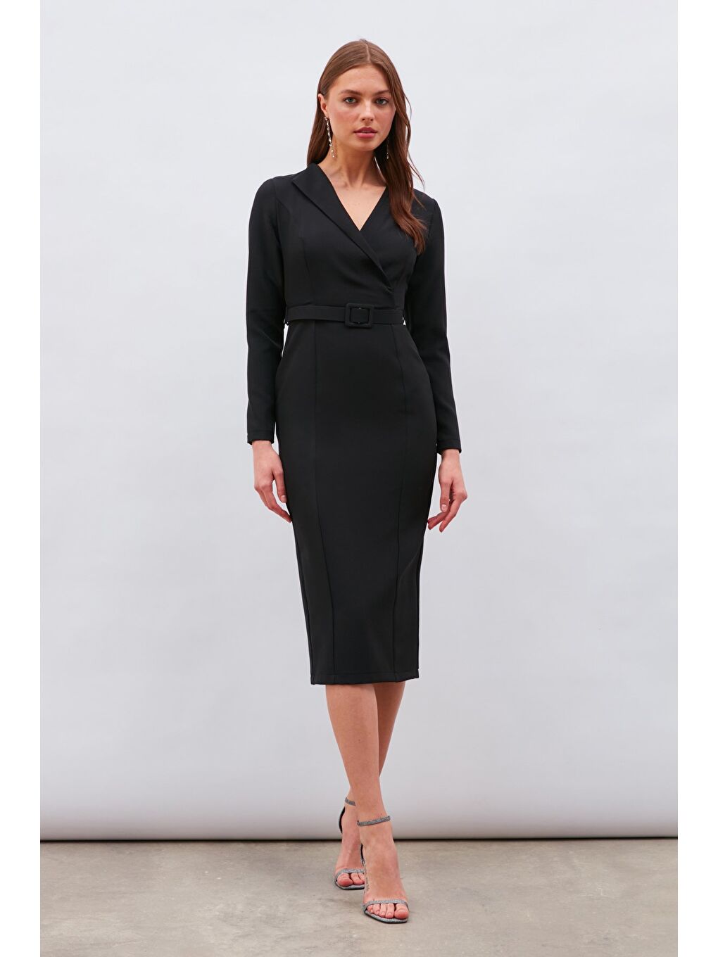 Kemerli Kalem Elbise - Siyah-2