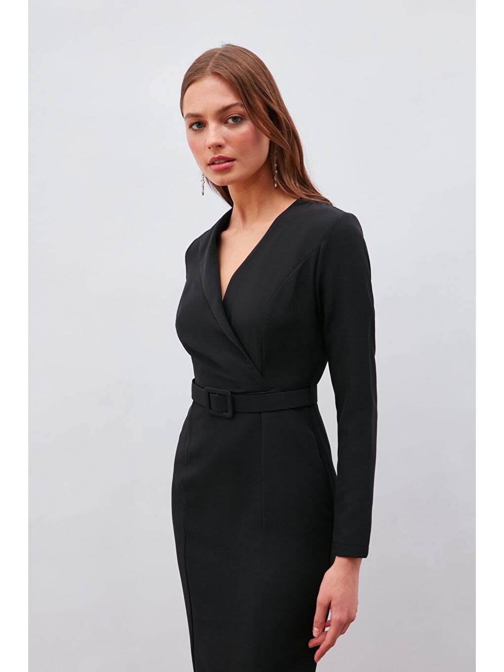 Kemerli Kalem Elbise - Siyah-3