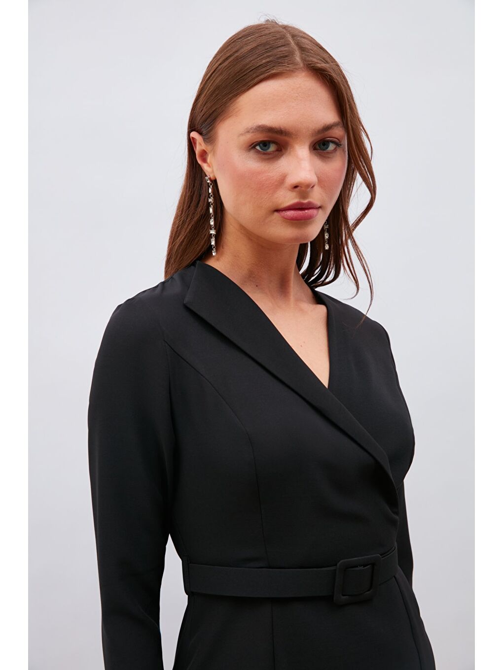 Kemerli Kalem Elbise - Siyah-4