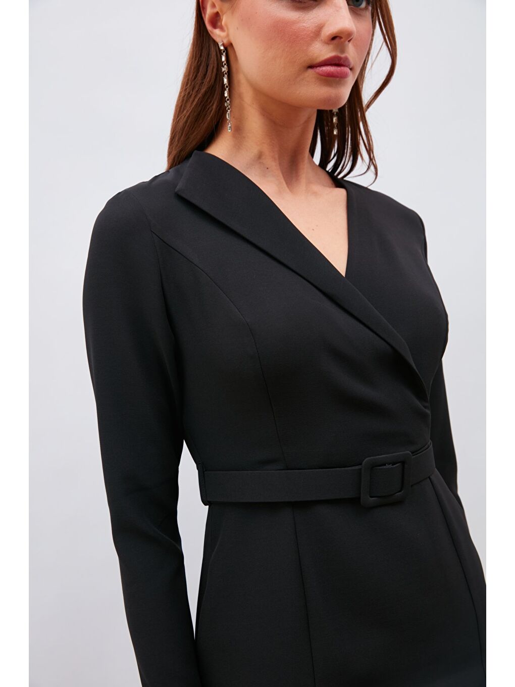 Kemerli Kalem Elbise - Siyah-5