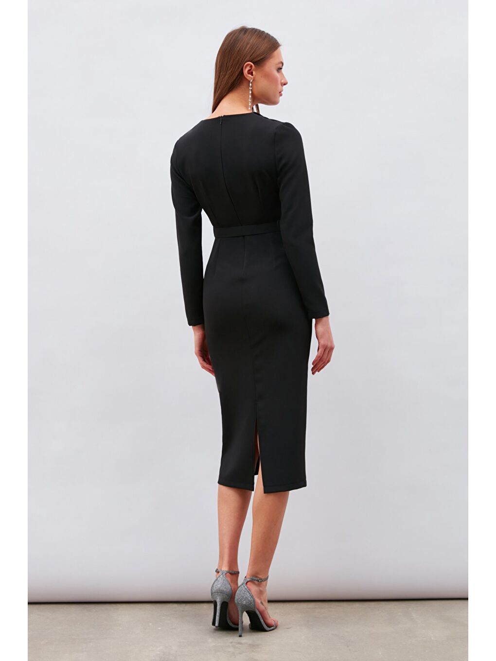 Kemerli Kalem Elbise - Siyah-6