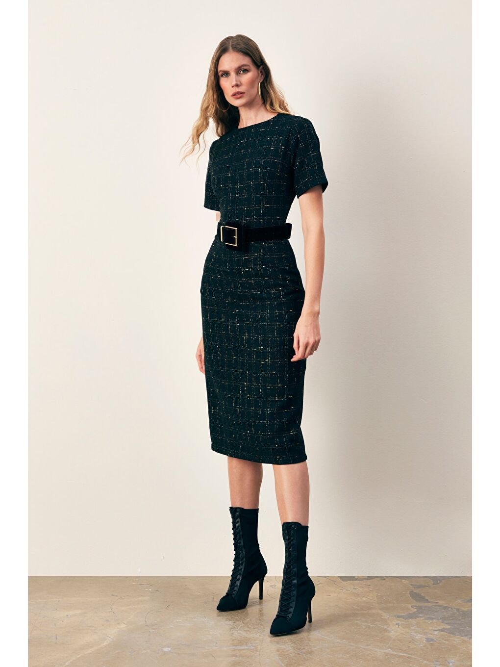 Simli Kısa Kol Elbise - Siyah-2