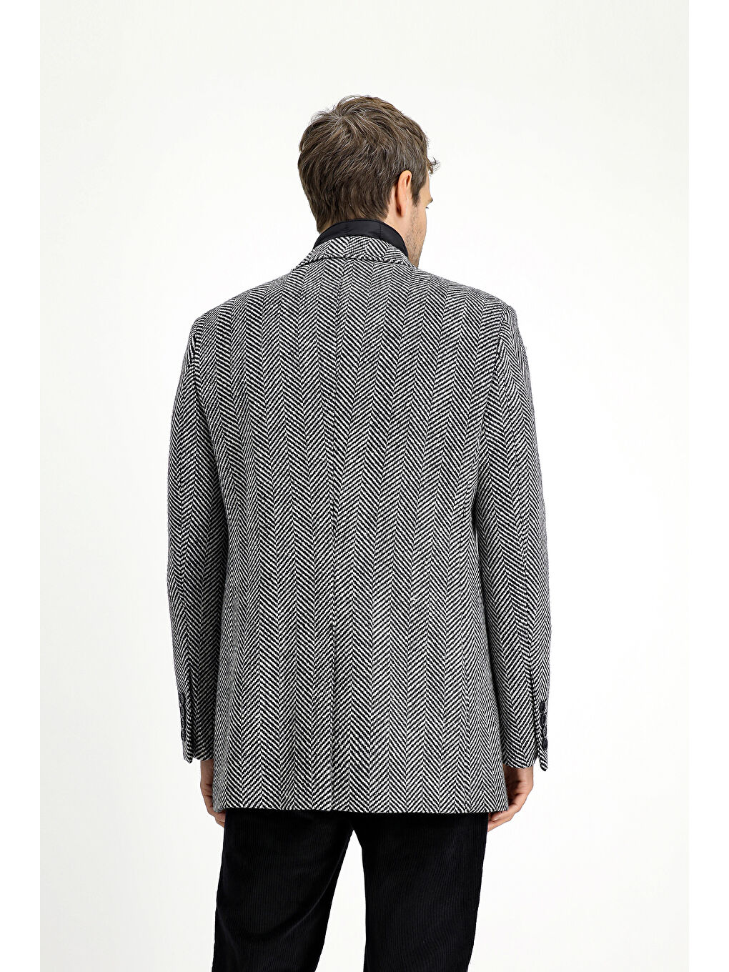 Siyah Yünlü Desenli Klasik Kaban-3