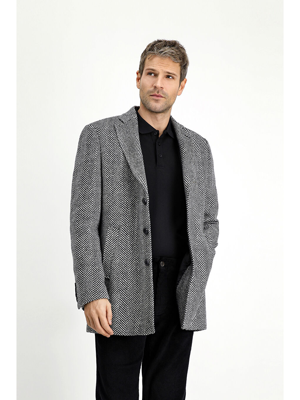 Siyah Yünlü Desenli Klasik Kaban-4