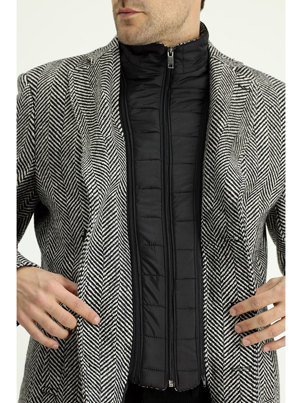 Siyah Yünlü Desenli Klasik Kaban-5