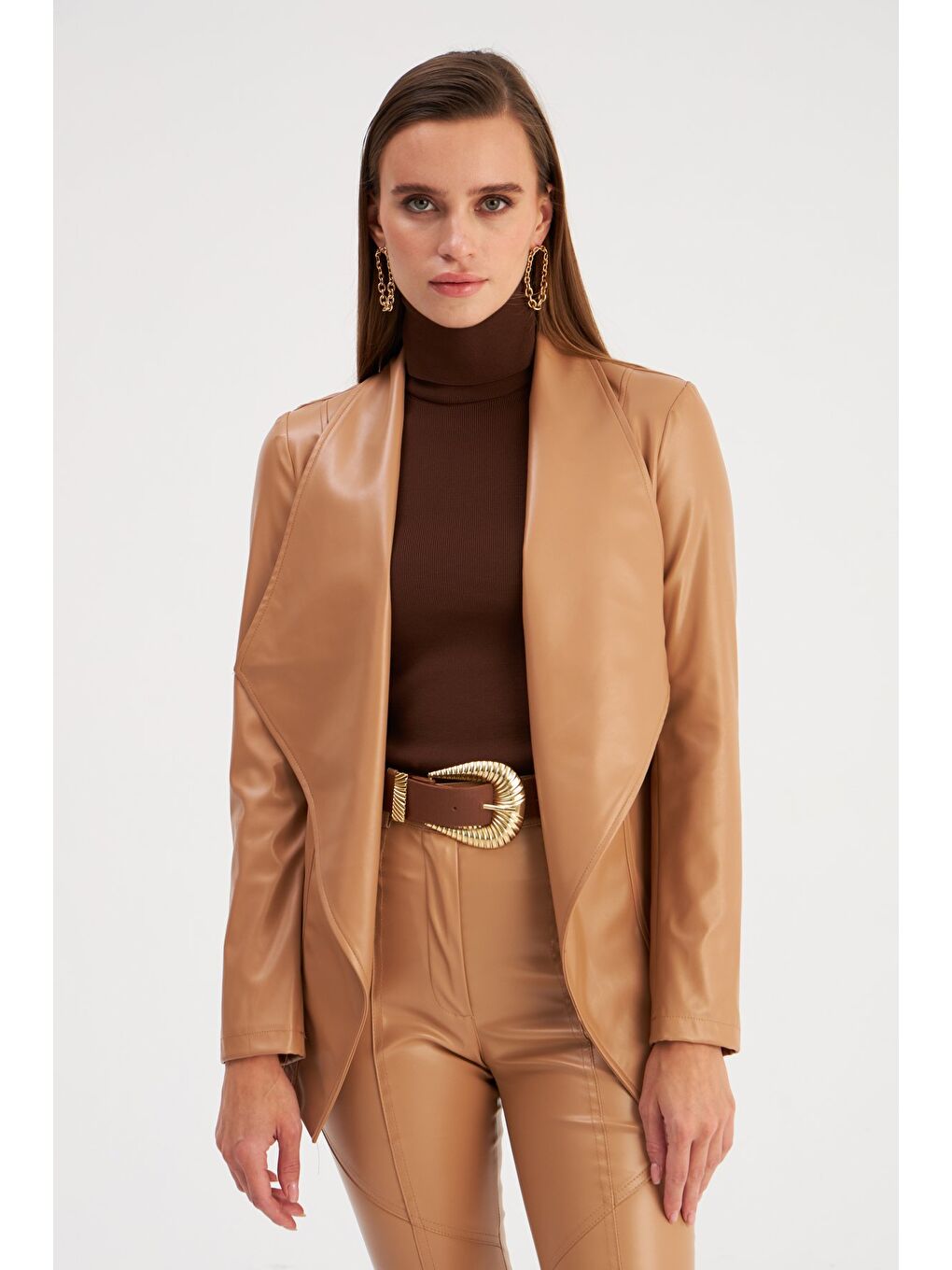 Geniş Yaka Deri Ceket - Bej-2