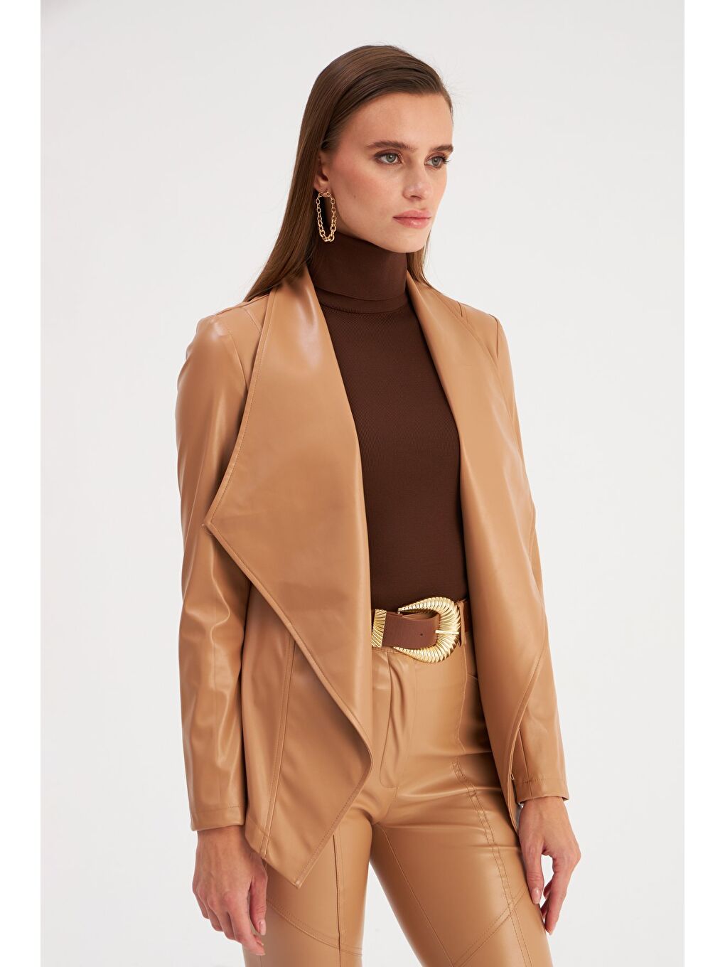 Geniş Yaka Deri Ceket - Bej-4