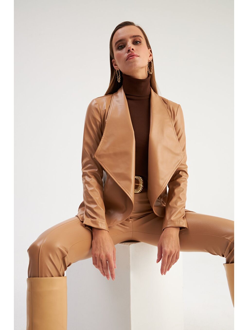 Geniş Yaka Deri Ceket - Bej-5