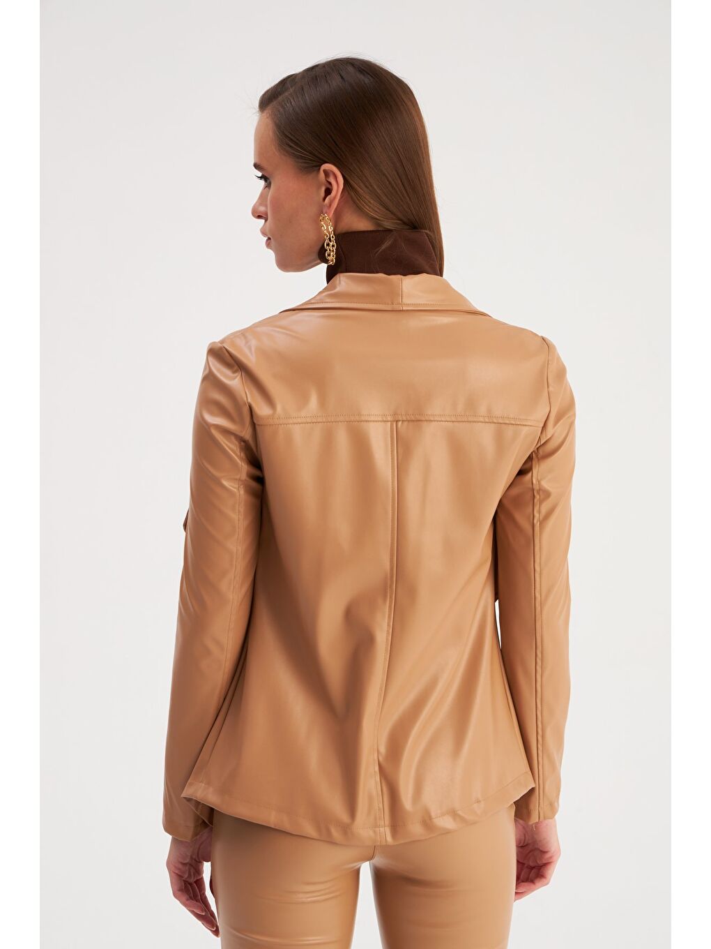 Geniş Yaka Deri Ceket - Bej-6