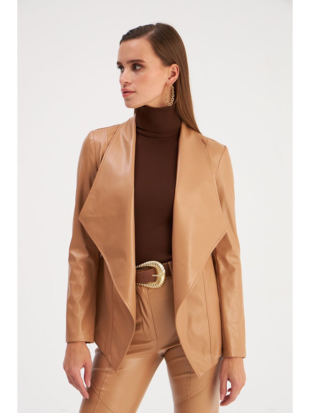 Geniş Yaka Deri Ceket - Bej-7