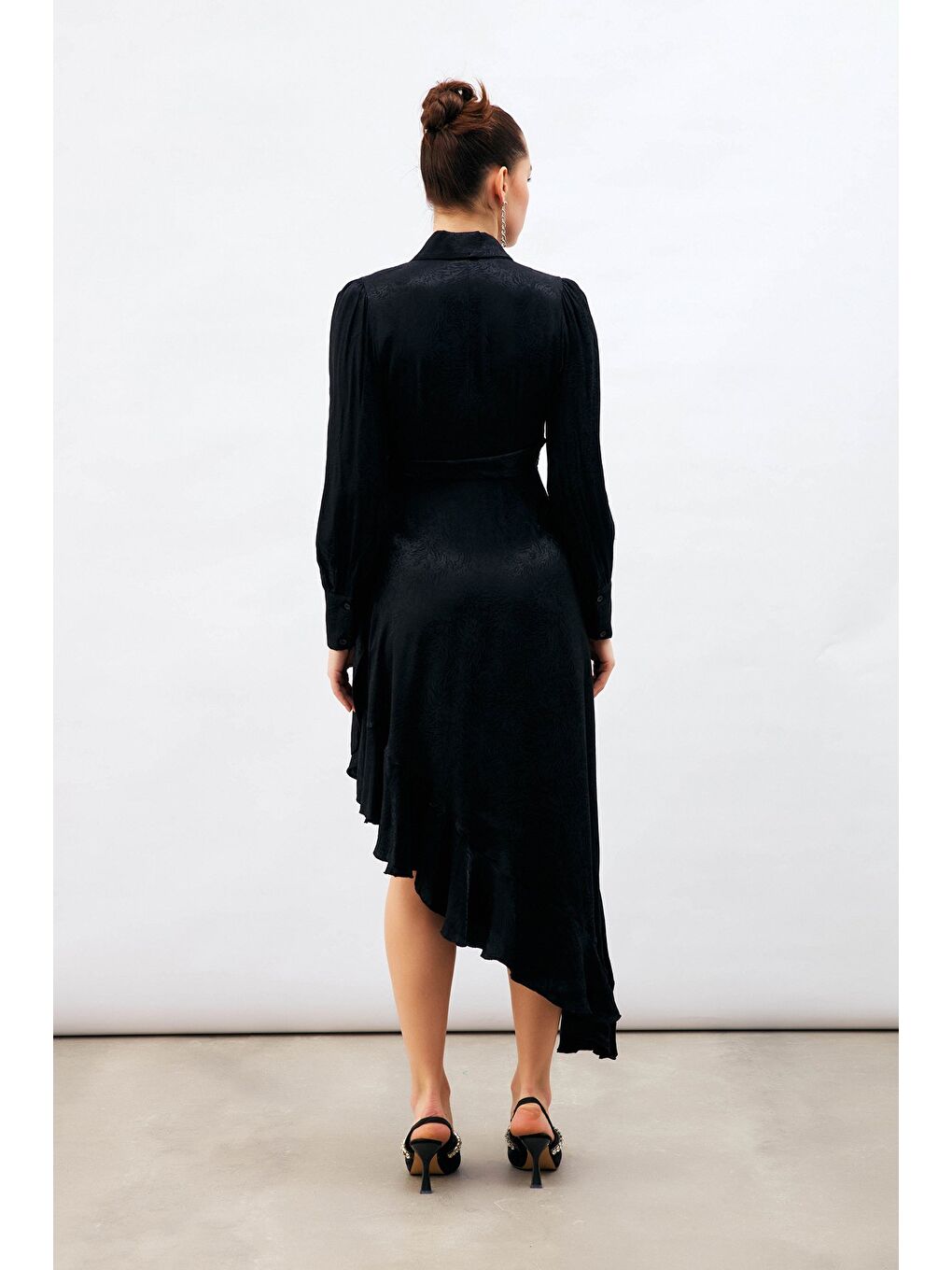 Jakarlı Asimetrik Elbise - Siyah-6