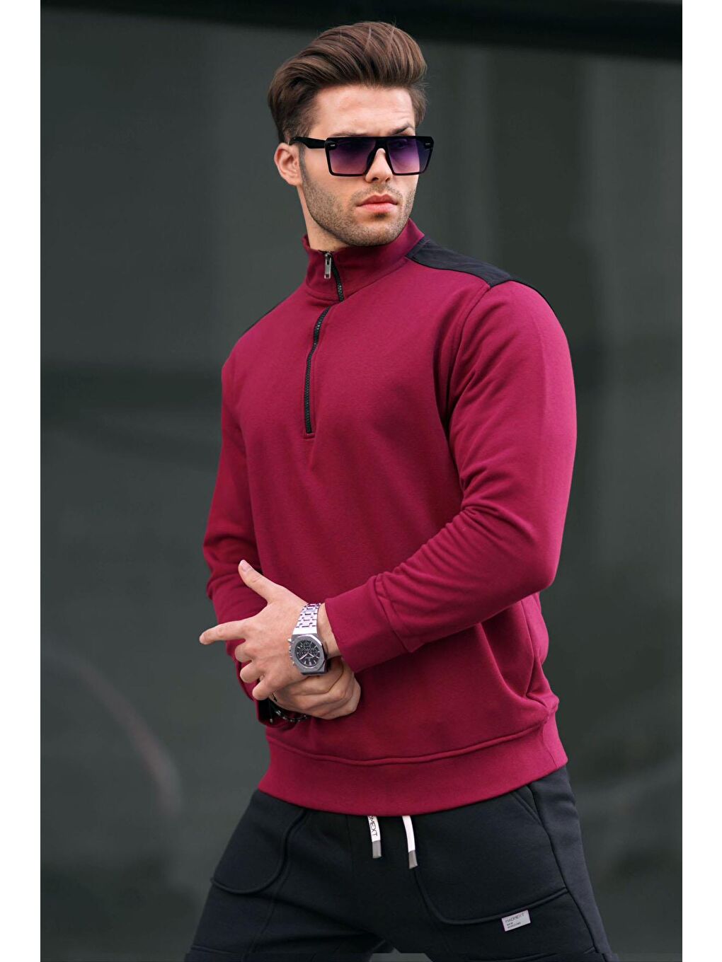 Madmext Bordo Fermuar Yaka Basic Erkek Sweatshirt 6157