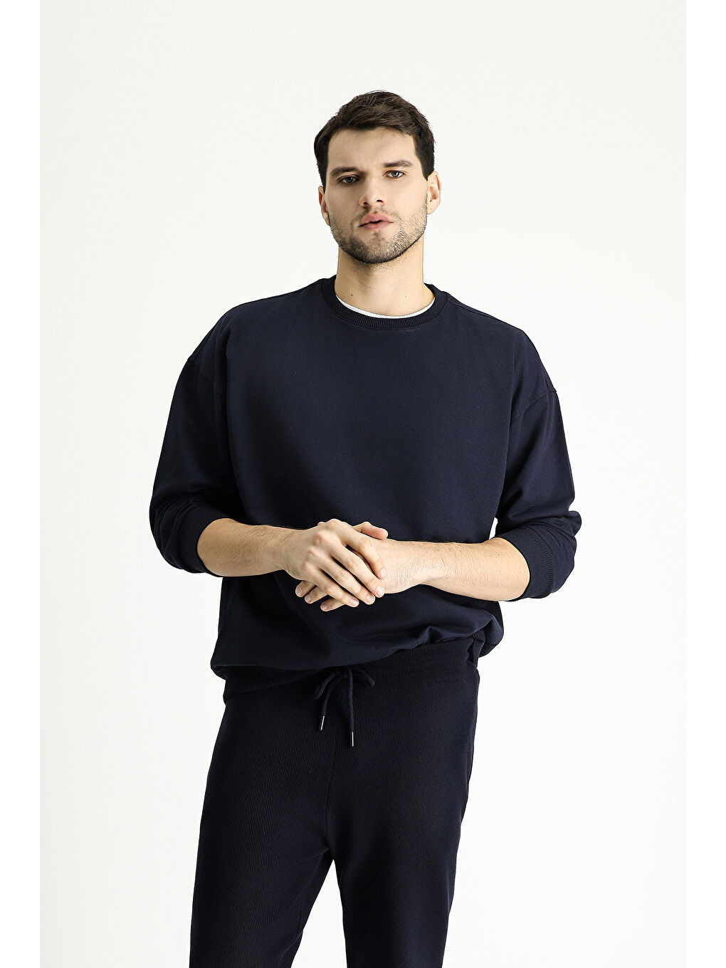 Lacivert Bisiklet Yaka Oversize Pamuklu Sweatshirt-2