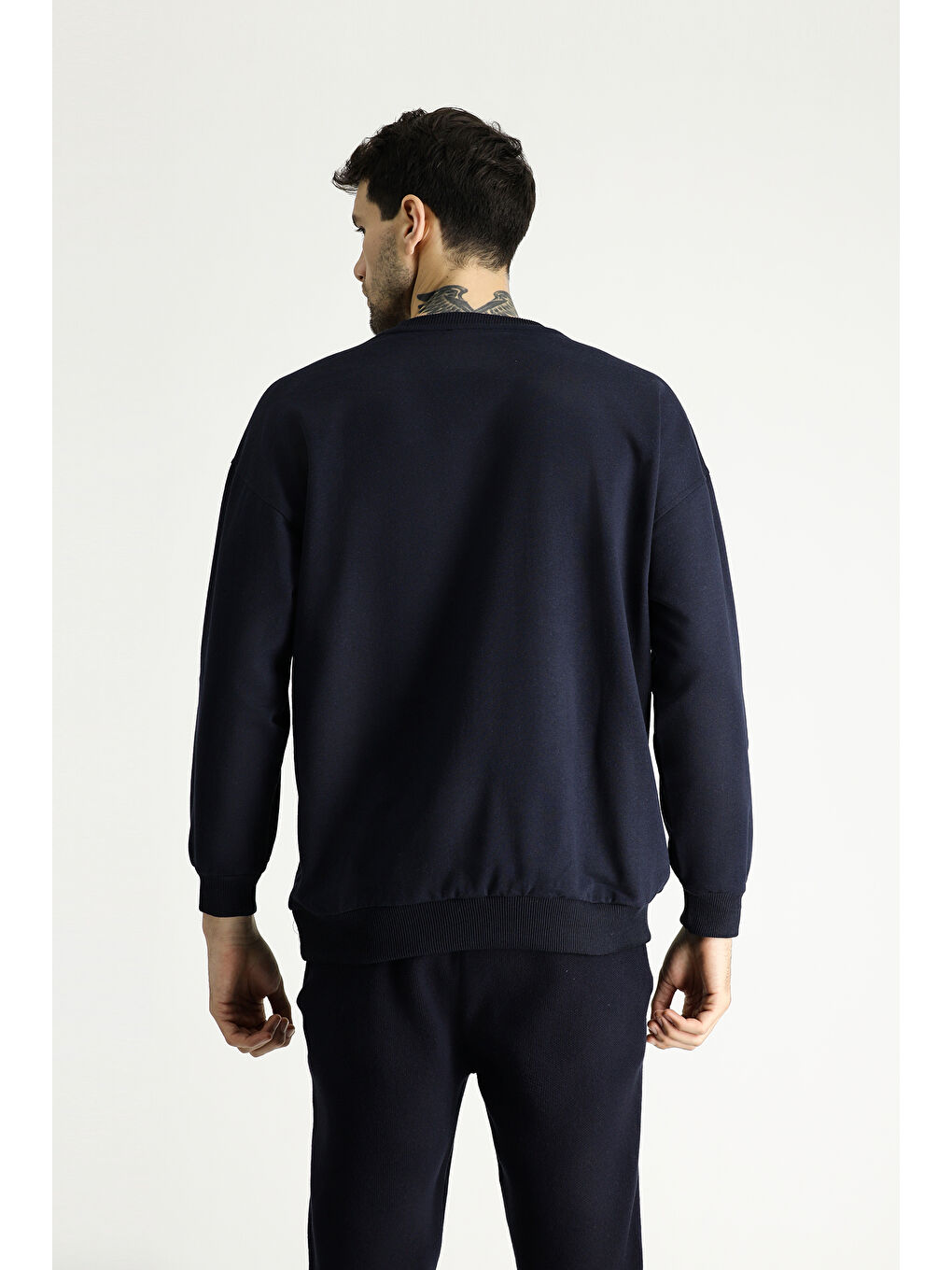 Lacivert Bisiklet Yaka Oversize Pamuklu Sweatshirt-3