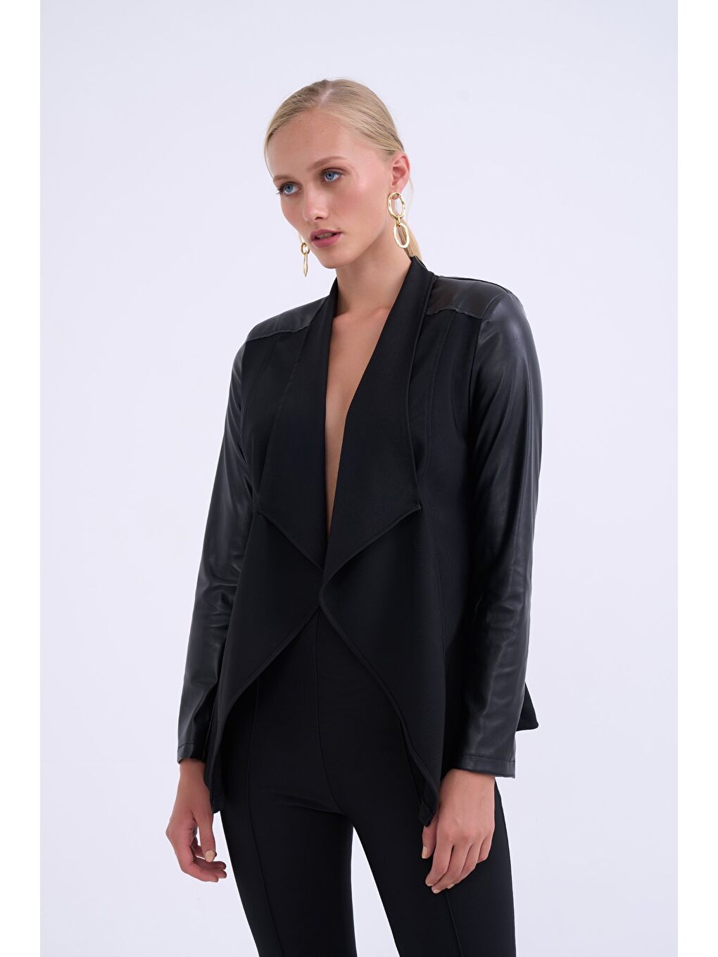 Şal Yaka Deri Detaylı Ceket - Siyah