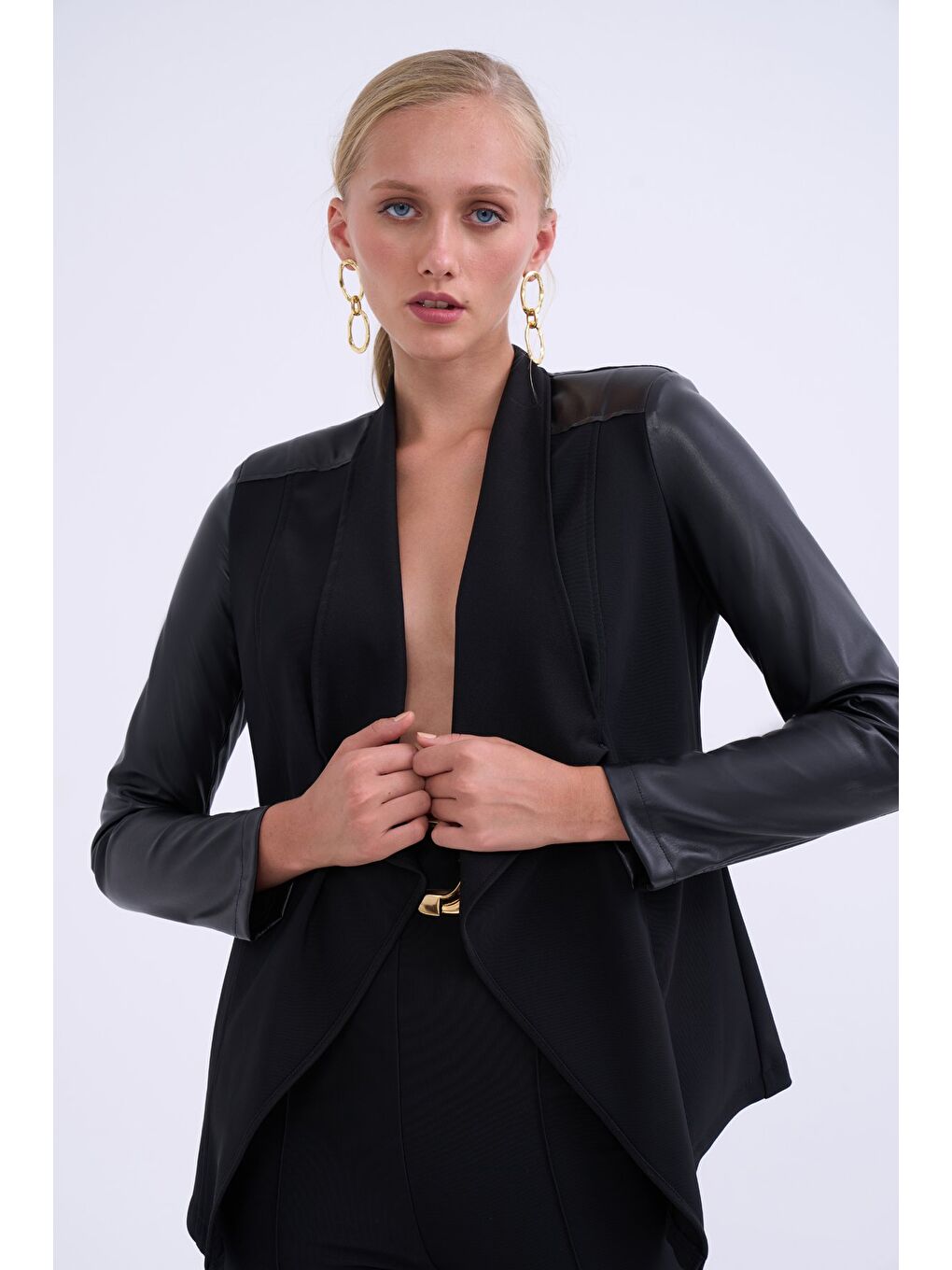 Şal Yaka Deri Detaylı Ceket - Siyah-2