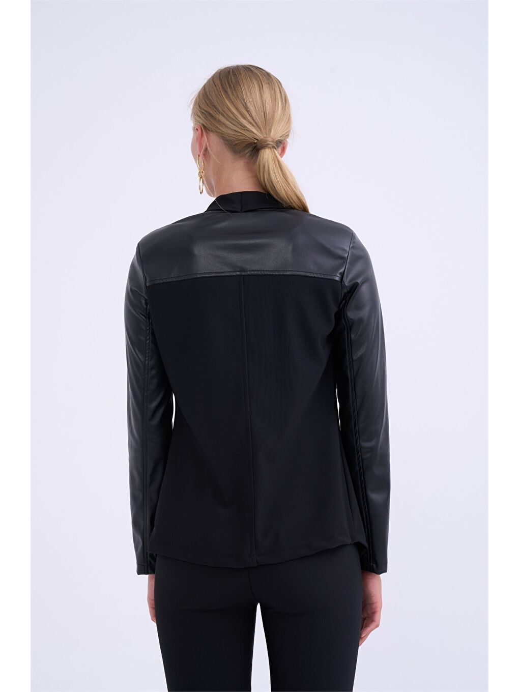 Şal Yaka Deri Detaylı Ceket - Siyah-3