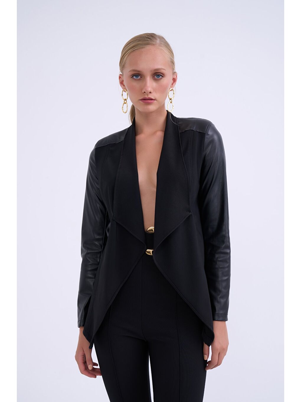 Şal Yaka Deri Detaylı Ceket - Siyah-4