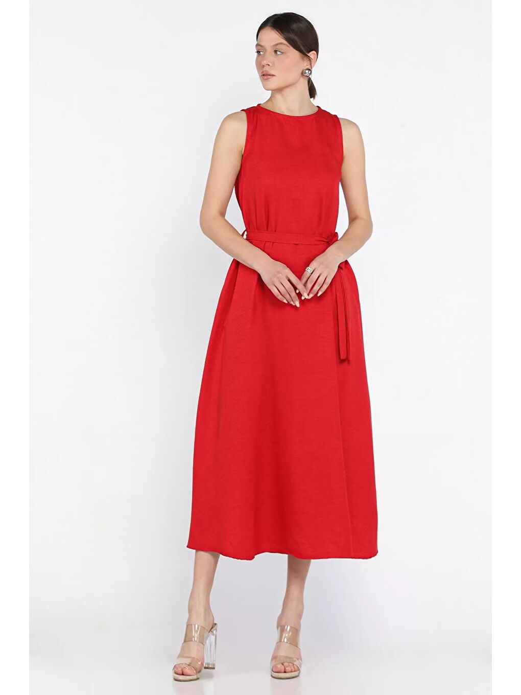 Kırmızı Kadın Bisiklet Yaka Cep Detaylı Bel Kuşaklı Uzun Elbise