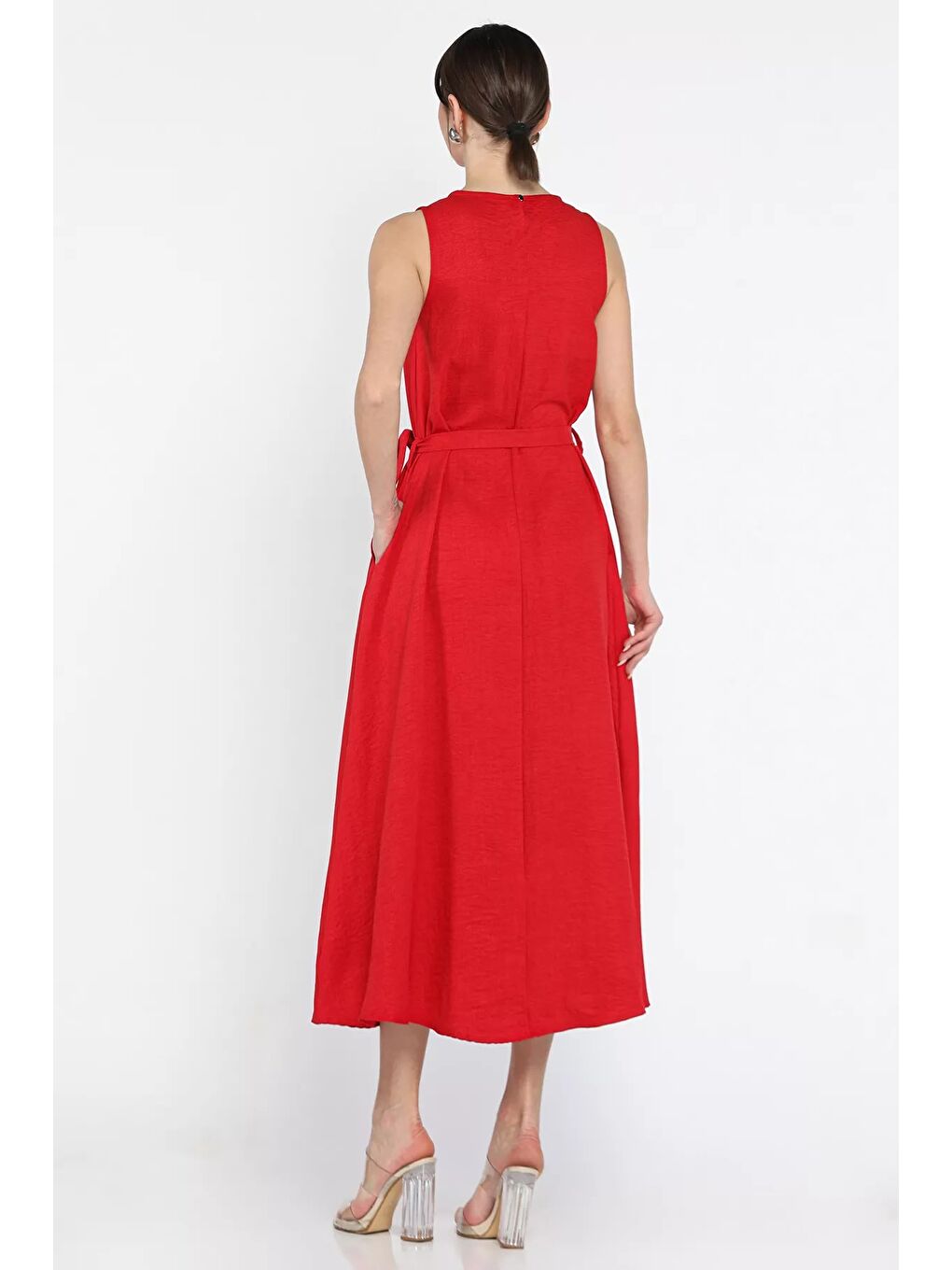Kırmızı Kadın Bisiklet Yaka Cep Detaylı Bel Kuşaklı Uzun Elbise-2