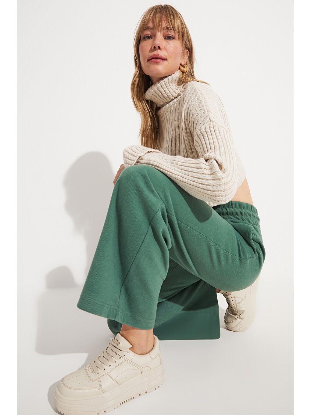 Yeşil Yüksek Bel Straight/Düz Kesim Pamuk Karışımlı Örme Pantolon-1