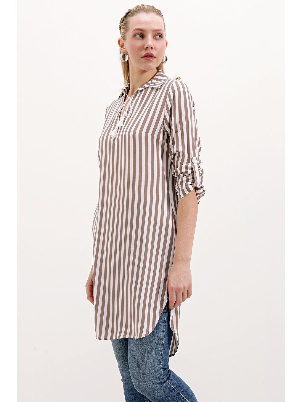 Bej 5613 Yaka Bağcıklı Çizgili Tunik - Vizon-1