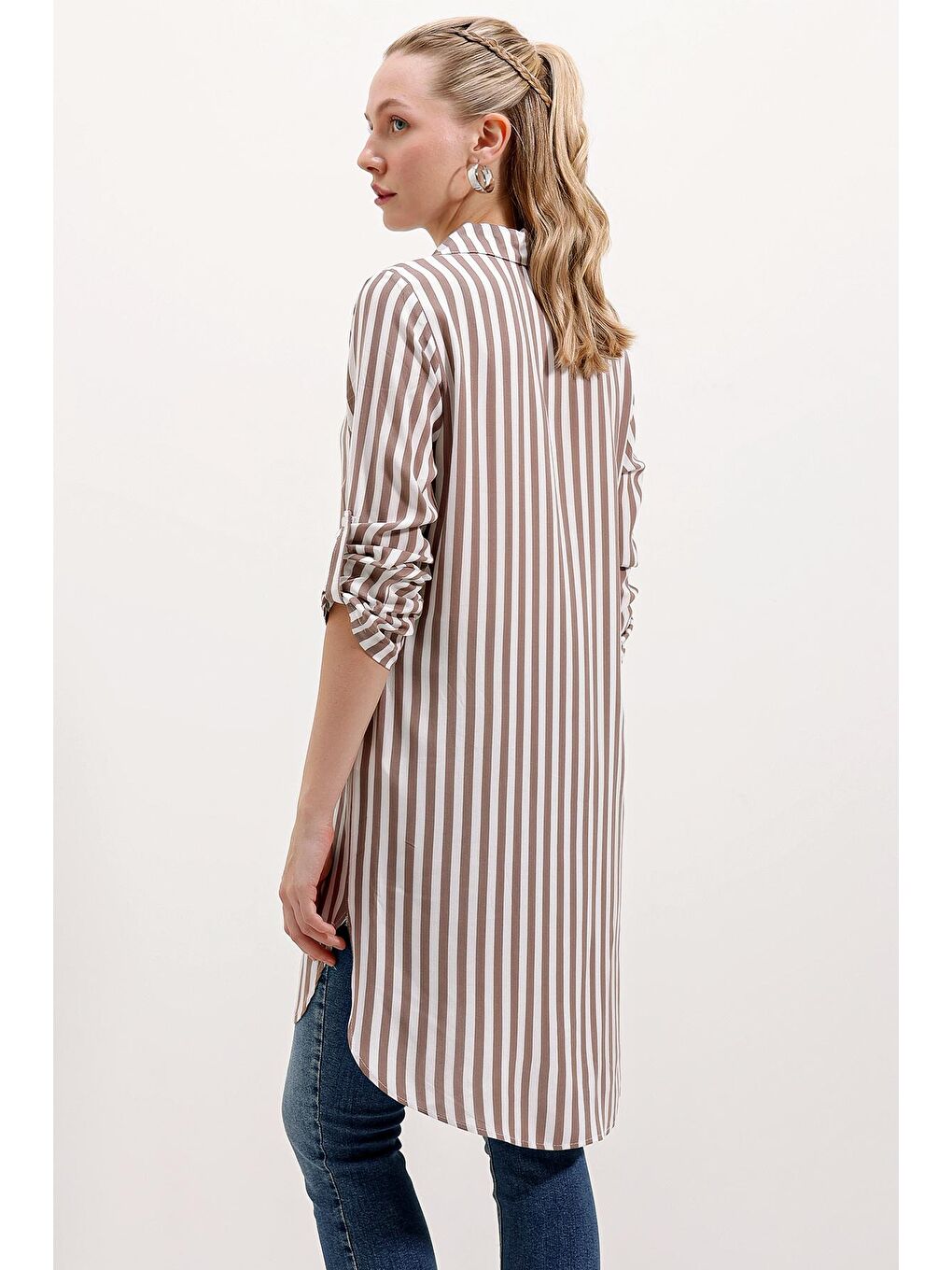 Bej 5613 Yaka Bağcıklı Çizgili Tunik - Vizon-3