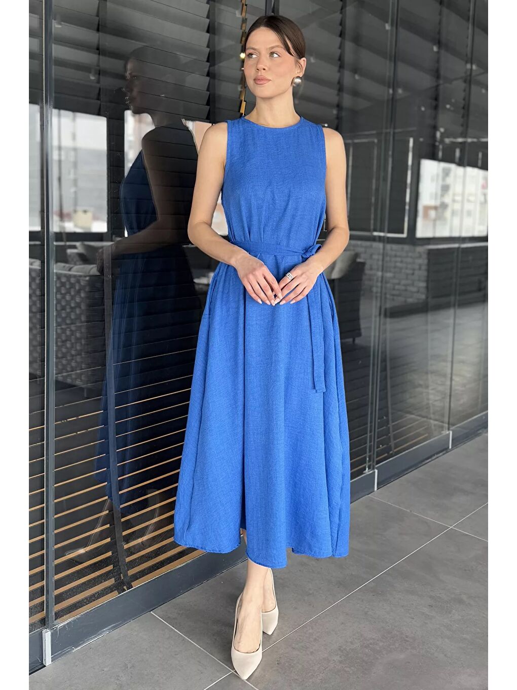 Mavi Kadın Bisiklet Yaka Cep Detaylı Bel Kuşaklı Uzun Elbise-7