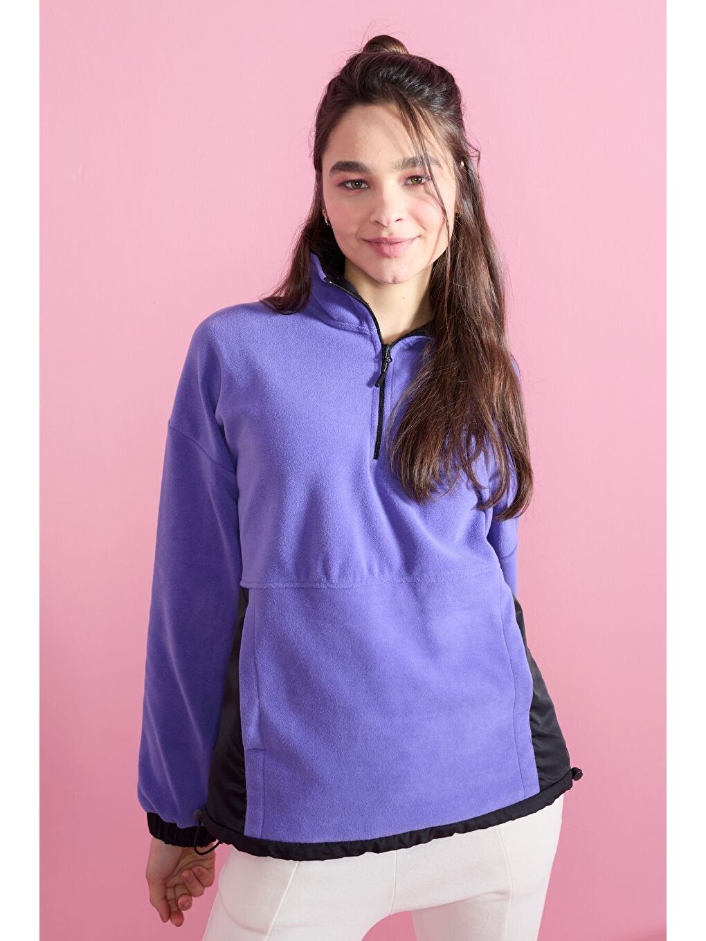 Mor Açık Eflatun Yarım Fermuar Etek Ucu Büzgülü Dik Yaka  Oversize Kadın Polar Sweatshirt - 97236-1