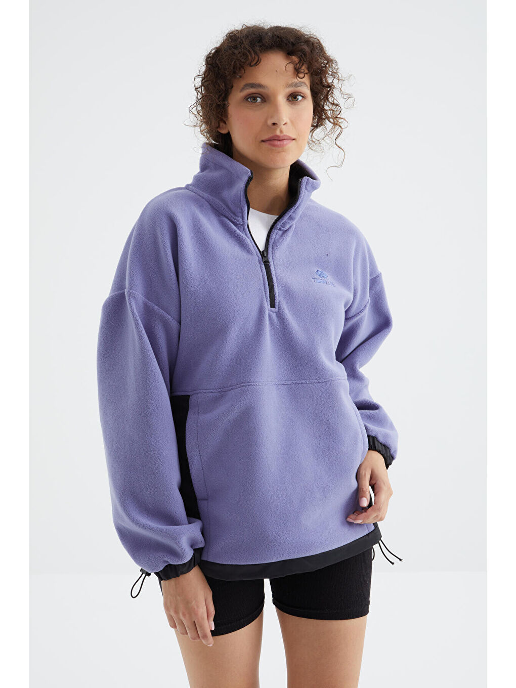 Mor Açık Eflatun Yarım Fermuar Etek Ucu Büzgülü Dik Yaka  Oversize Kadın Polar Sweatshirt - 97236-3