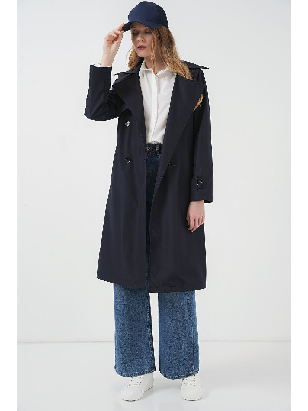 5918 Kruvaze Yaka Trençkot - Lacivert-1